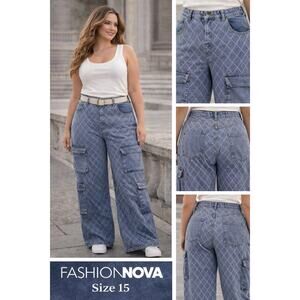 Fashion nova High Waisted Missing You Cargo Jeans Loose Leg Pants 32x32” 15